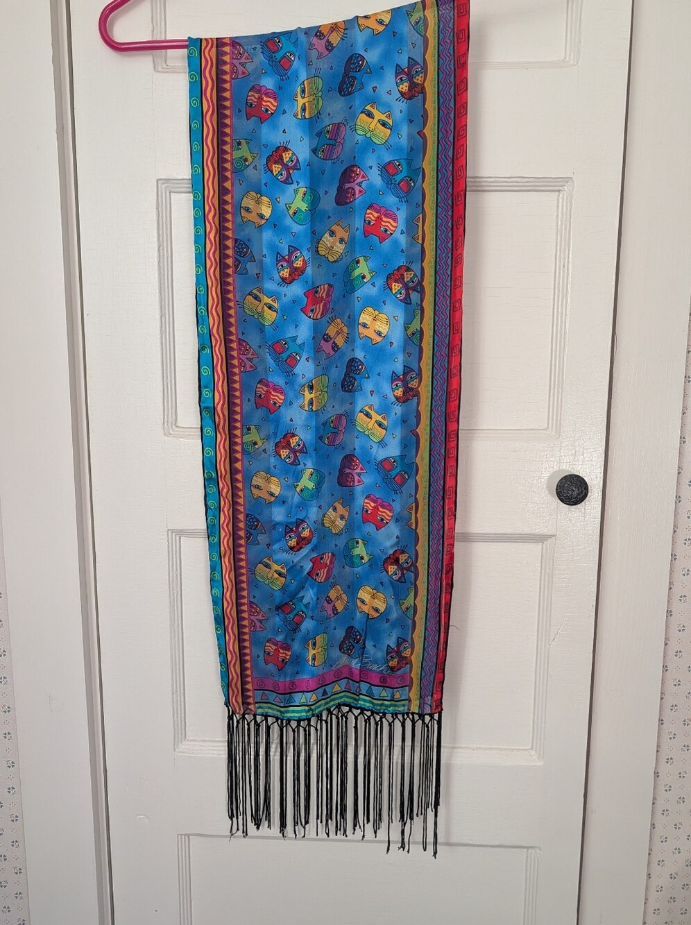 Laurel Burch Cat Scarf Vibrant Colors Print Black Fringe Whimsical Art to Wear